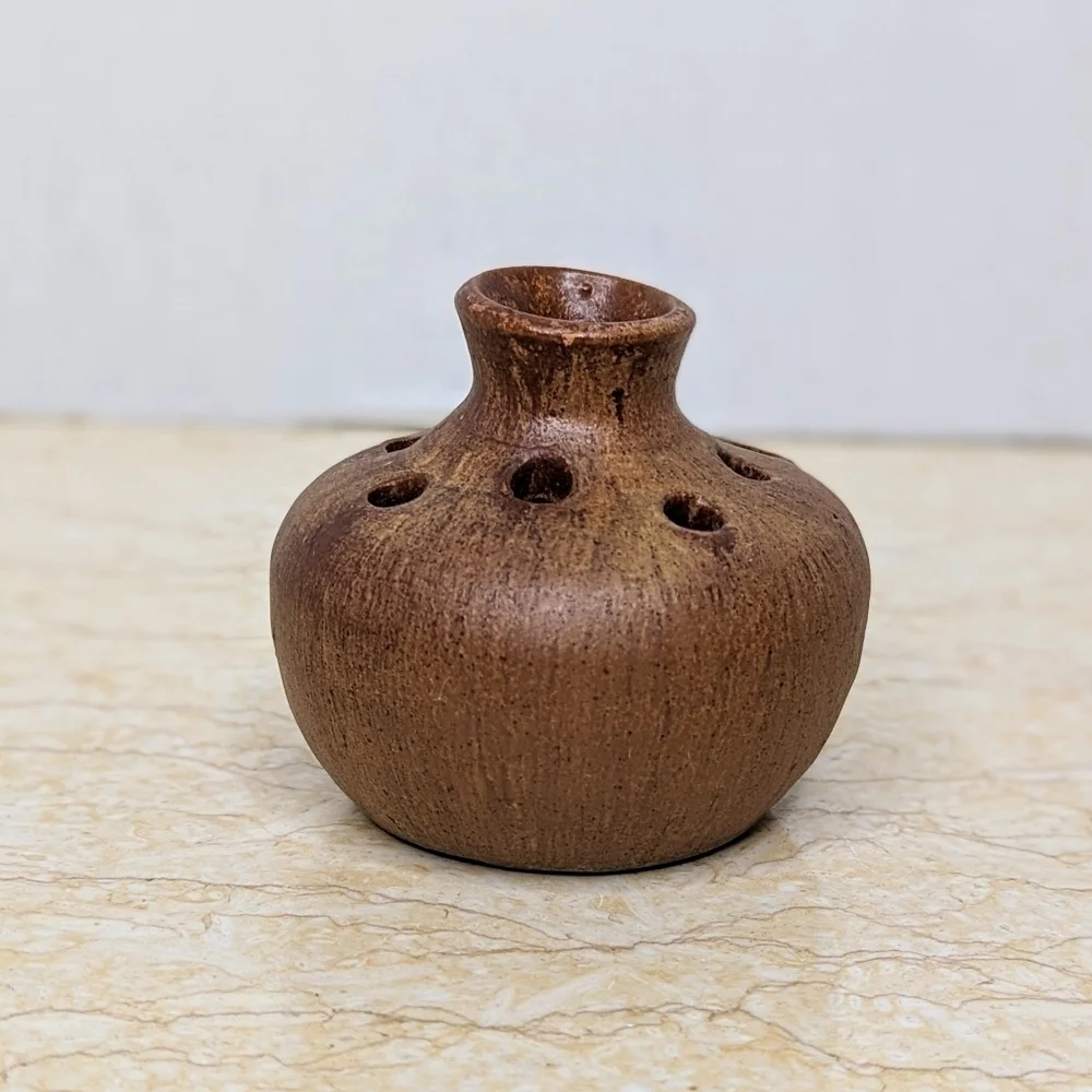 Studio Pottery Seagrove Flower Frog  Brown Vase Handcrafted Artisan Made